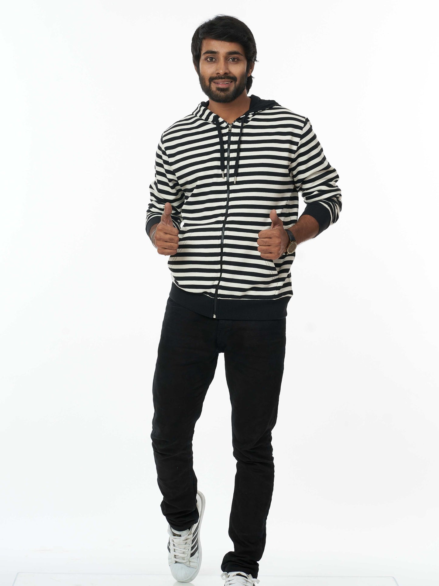 Stylish Men's Hooded Sweatshirt- Black White Stripes