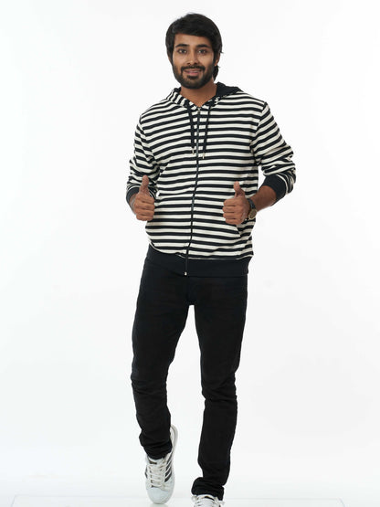 Stylish Men's Hooded Sweatshirt- Black White Stripes