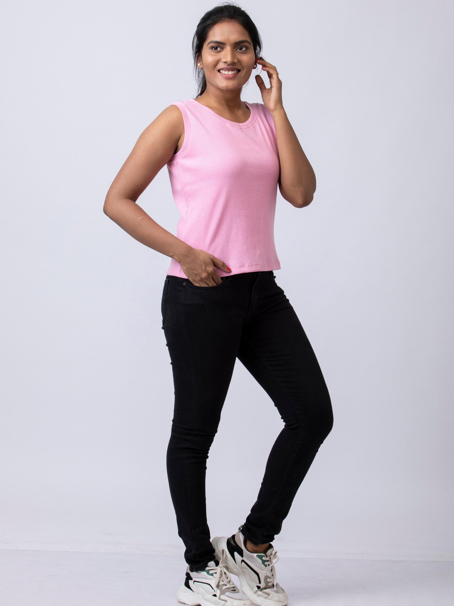 Women's Sleeve Less Round Neck Rib Fabric Stretchy Winter T-Shirt - Pink