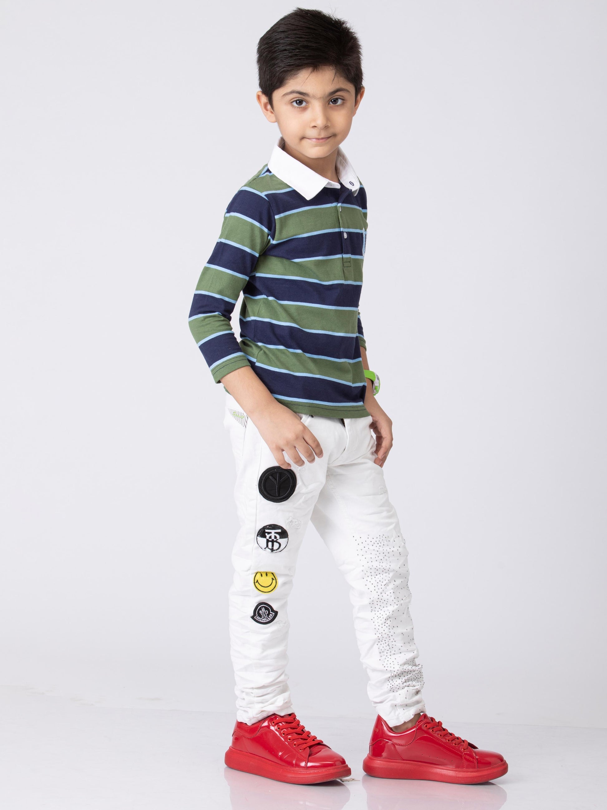 Preppy Boys Stipes Collar T-Shirt Green Navy Combo