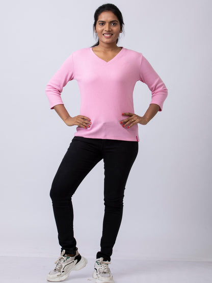 Women's  V Neck Rib Fabric Stretchy Winter T-Shirt - Pink