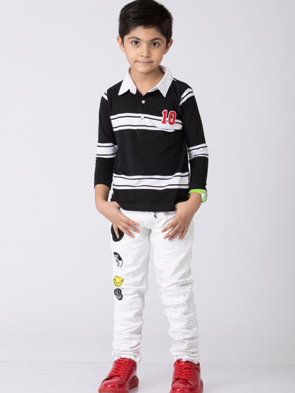 Preppy Boys Stipes Collar T-Shirt Black White Combo