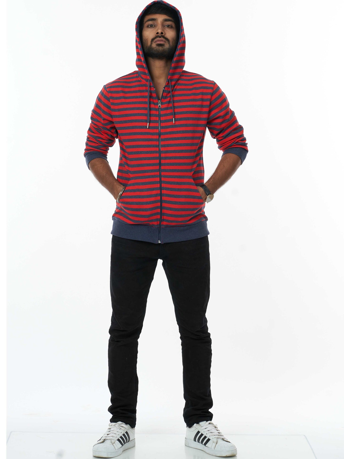 Stylish Men's Hooded Sweatshirt- Black Red Stripes