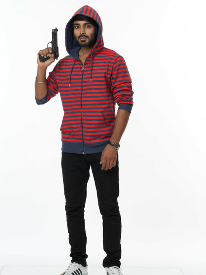 Stylish Men's Hooded Sweatshirt- Black Red Stripes