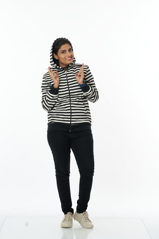 Cozy Comfort Women's Hooded Sweatshirt black stripes