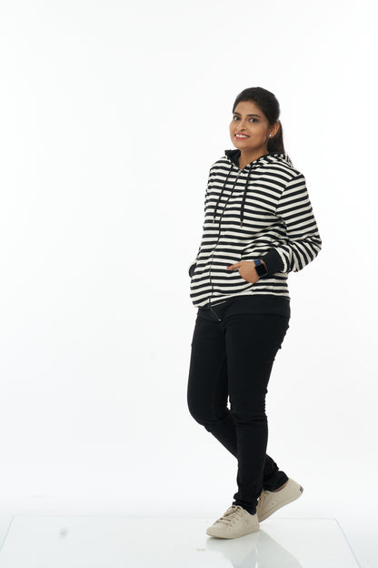 Cozy Comfort Women's Hooded Sweatshirt black stripes