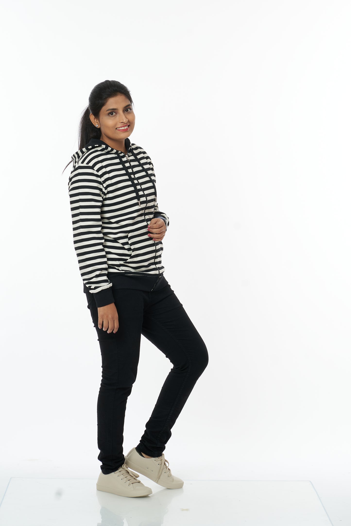 Cozy Comfort Women's Hooded Sweatshirt black stripes