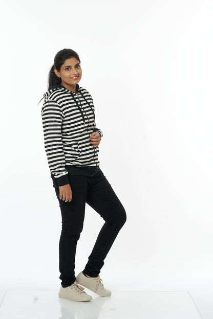 Cozy Comfort Women's Hooded Sweatshirt black stripes