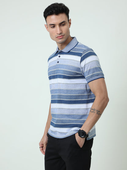 Back to Business - Men's Premium Collar T-Shirt Blue Stripes