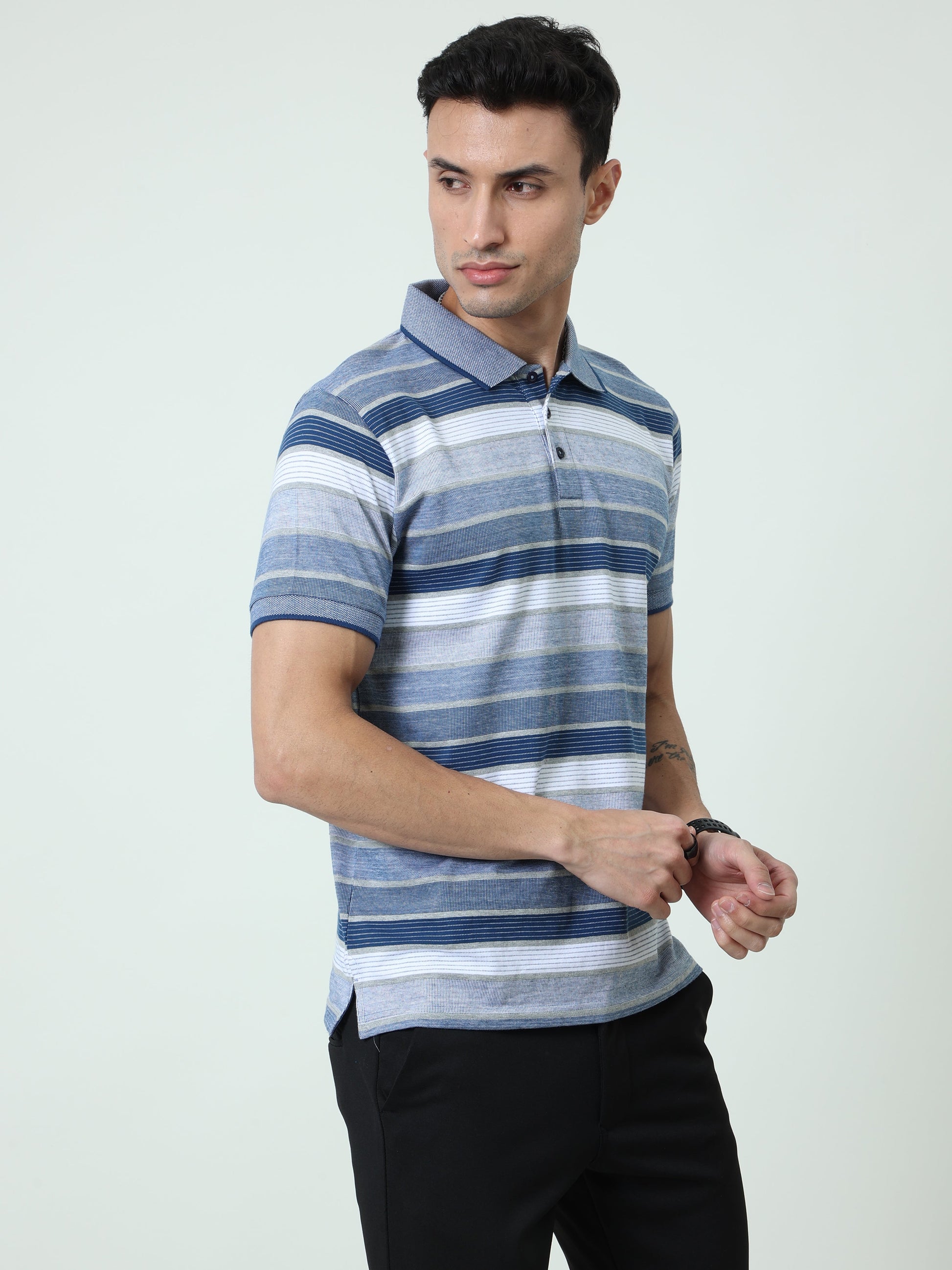 Back to Business - Men's Premium Collar T-Shirt Blue Stripes