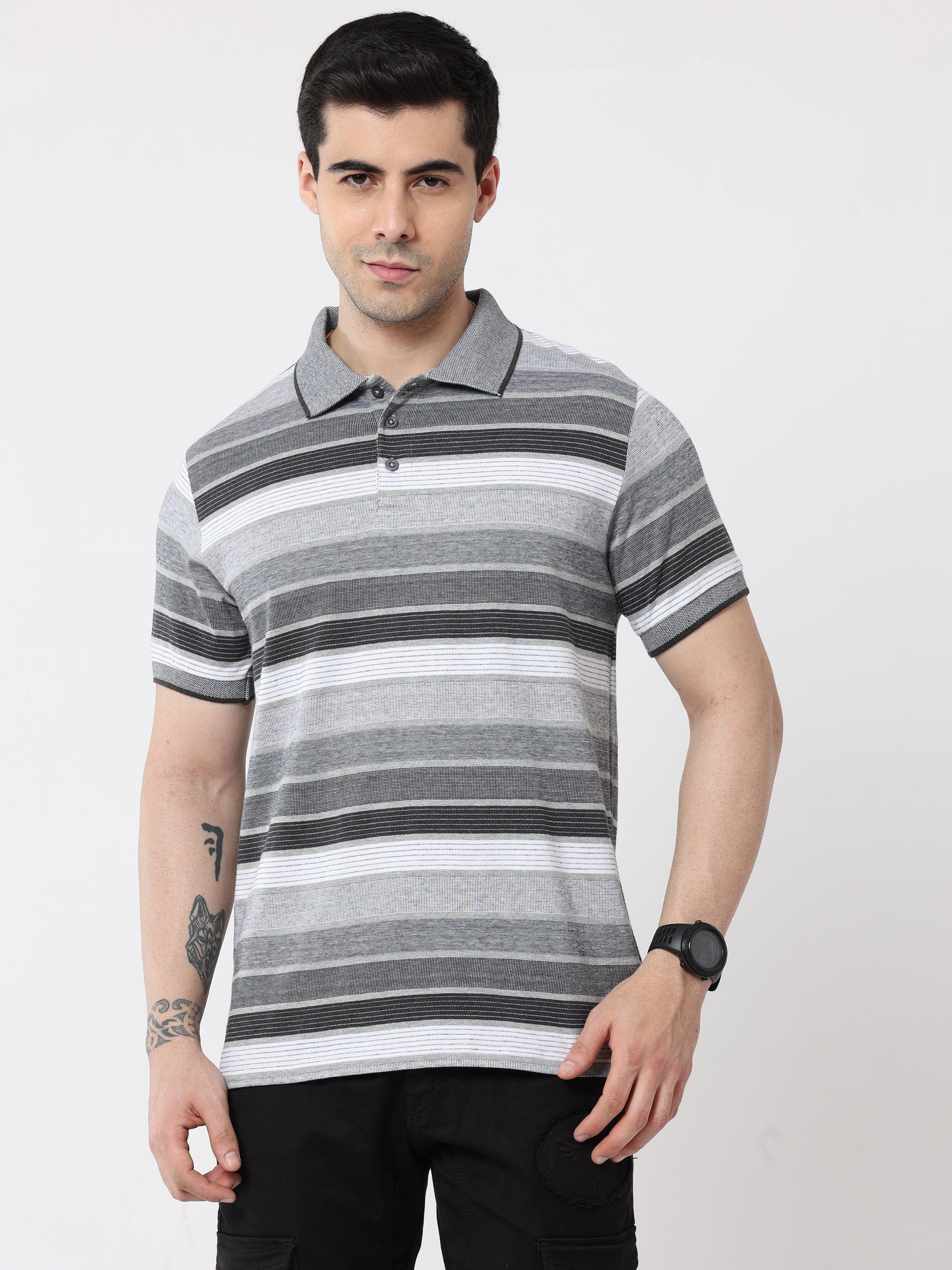 Back to Business - Men's Premium Collar T-Shirt Grey Stripes