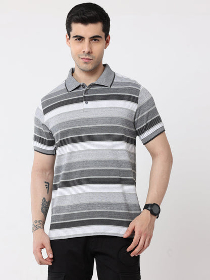 Back to Business - Men's Premium Collar T-Shirt Grey Stripes