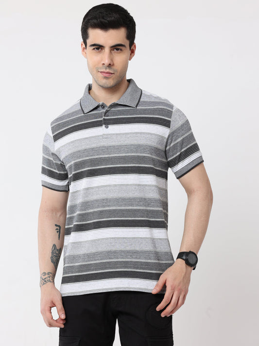 Back to Business - Men's Premium Collar T-Shirt Grey Stripes