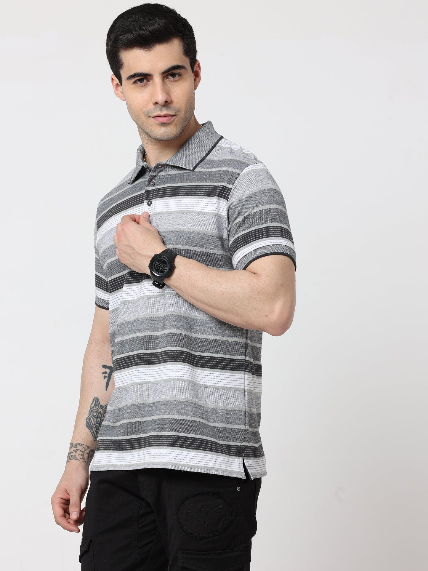 Back to Business - Men's Premium Collar T-Shirt Grey Stripes
