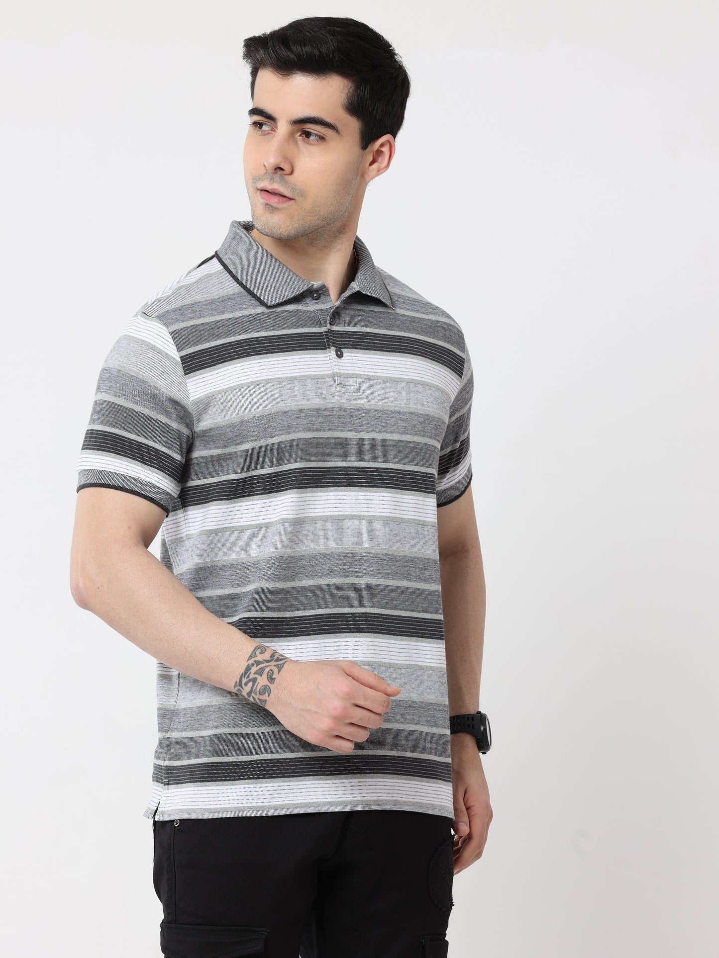 Back to Business - Men's Premium Collar T-Shirt Grey Stripes