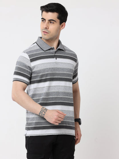 Back to Business - Men's Premium Collar T-Shirt Grey Stripes