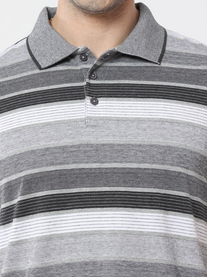 Back to Business - Men's Premium Collar T-Shirt Grey Stripes